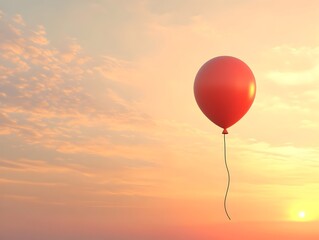 A whimsical 3D rendered red balloon rising against a vibrant sunset backdrop with plenty of empty space for copy  The scene features a flat design front view