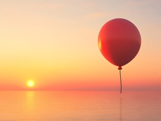 A 3D rendered image of a red balloon gracefully rising against a vibrant sunset backdrop with plenty of empty space for copy or text overlay  The flat