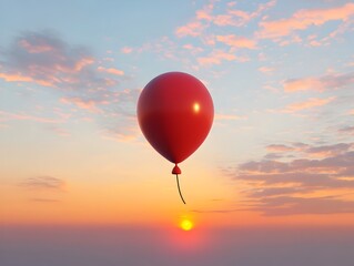 Fototapeta premium Whimsical 3D Rendered Red Balloon Rising Against Vibrant Sunset Backdrop with Ample Empty Space for Overlay Cartoon Style Flat Design Front View Split Complementary Color Scheme