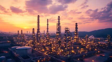 Fototapeta premium Dramatic Petrochemical Refinery Skyline Illuminated by Radiant Sunrise Glow A large industrial facility with towering distillation columns and pipelines set against a vibrant morning sky