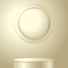 3D realistic empty light gold podium stand on dark brown background, product stand promotion, etc. Vector illustration	