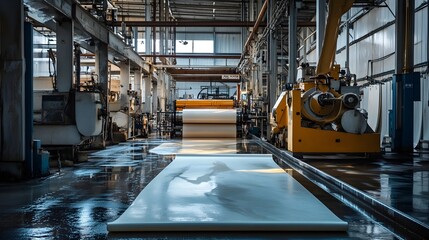 Naklejka premium A photograph of an industrial factory setting where raw latex is being processed and transformed into rubber sheets Various machinery conveyor belts and drying racks are visible