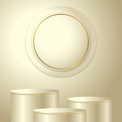 3D realistic empty light gold podium stand on dark brown background, product stand promotion, etc. Vector illustration	