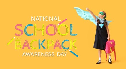 Little girl in superhero costume and with schoolbag on yellow background. National School Backpack Awareness Day