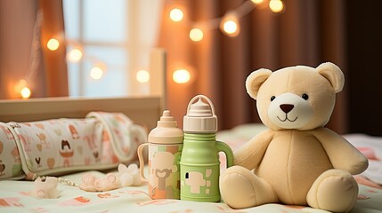 Bottle of milk for baby and toy with pacifier on color background  