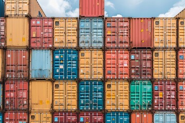 Fototapeta premium Colorful shipping containers stacked in a freight yard under a blue sky during daytime