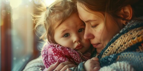 Close-up of a woman holding her crying baby girl as she wakes up in her arms, symbolizing the beginning of parenthood.