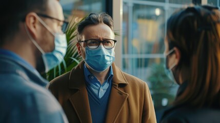 Business professionals in face masks engaging in work-related discussions within an office environment, emphasizing teamwork during a pandemic.