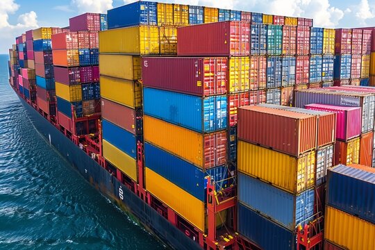 Container ship loaded with colorful shipping containers navigates calm waters on a sunny day