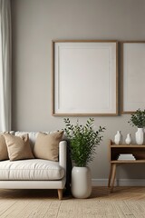 Mockup frame in minimalist cozy interior background, 3d render