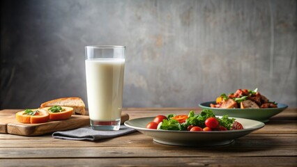 Plates of food and a glass of milk on the table, food, meal, dinner, lunch, breakfast, table setting, wholesome, nutrition