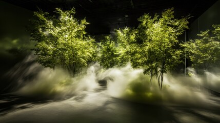 Fototapeta premium Enchanting Indoor Forest with Lush Green Trees and Mystical Fog Under Dramatic Lighting