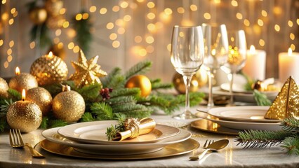 Christmas gold elements on a festive table setting, Christmas, gold, holiday, celebratory, decorations, ornaments, shiny