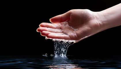 hand scooping up water, woman, water surface, right hand, spilling, falling, drop of water, wet, black background