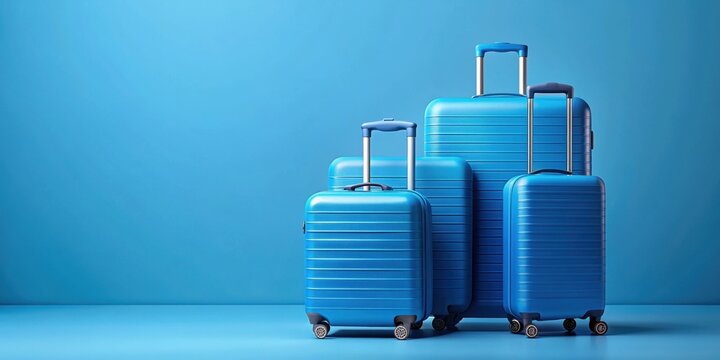 Blue suitcases on blue background, blue, suitcases, travel, luggage, blue background, vacation, storage, baggage