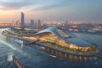 Modern architectural building along the riverfront at dusk showcasing vibrant lights and city skyline