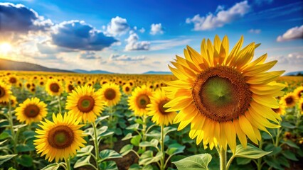 Obraz premium Bright yellow sunflowers in a rural landscape against a blue sky , sunflower, flowers, yellow, rural, landscape, blue sky