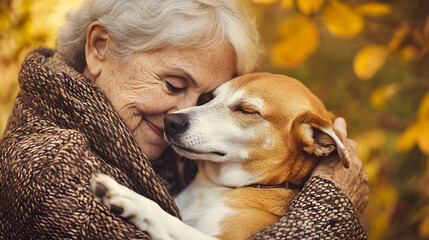 With a contented smile, the elderly lady held her beloved dog close, cherishing the unconditional love they shared