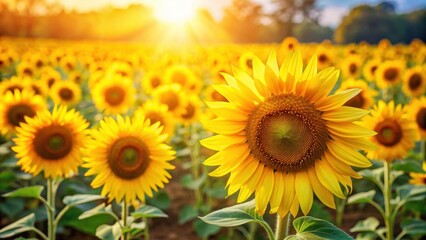 Fototapeta premium Field of bright yellow sunflowers basking in the sunlight, sunflowers, field, nature, sun, yellow, bright, vibrant, agriculture