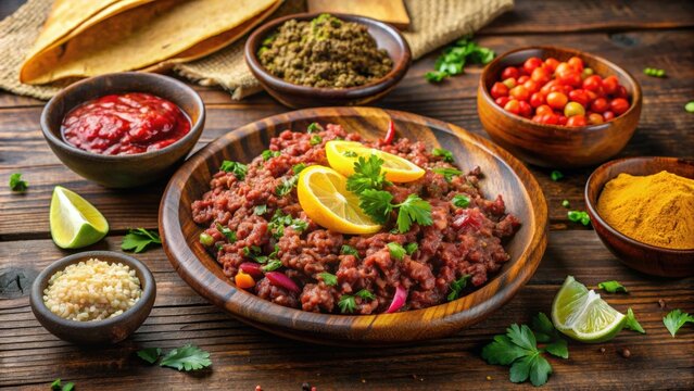 Delicious Kitfo (Ethiopian steak tartare) served with injera and spicy seasonings, Ethiopian, spice, Kitfo, vibrant, food, cuisine