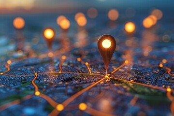 Digital map with illuminated location markers at dusk