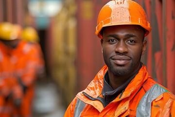 A construction worker in a reflective orange vest and hard hat stands confidently in a bustling shipping yard during daylight