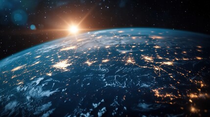 Obraz premium Stunning View of Earth from Space with Glowing City Lights and Rising Sun in the Background