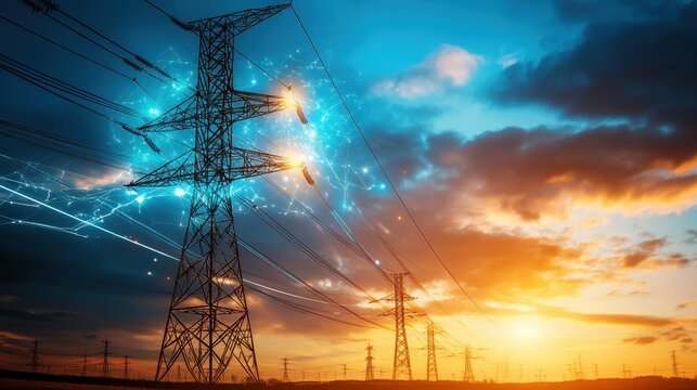 High Voltage Power Lines at Sunset with Electric Sparks and Dramatic Sky in the Background