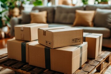 Packed cardboard boxes on a wooden pallet in a cozy living room filled with plants and comfortable furniture