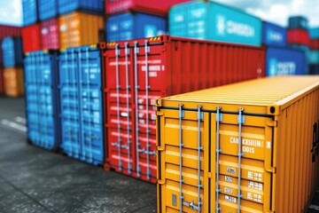Fototapeta premium Colorful shipping containers stacked at a cargo terminal during daylight hours