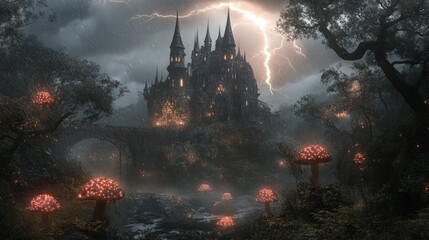 A dark and mysterious castle stands tall in the distance, shrouded in a stormy sky,