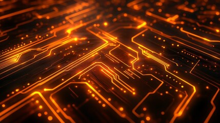 Abstract glowing circuit board with orange lights.