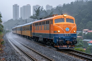 Fototapeta premium Vintage train travels through rain-soaked mountains near a city, with lush greenery lining the tracks
