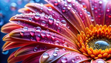 Obraz premium Water droplets glistening on a vibrant flower petals , nature, floral, close-up, dew, raindrops, freshness