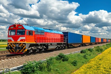 Freight train hauling colorful containers along a sunny countryside track in spring