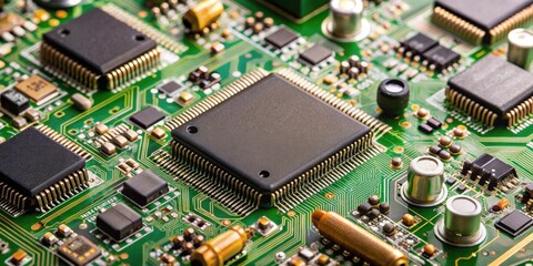 Obraz premium Electronic circuit board with various chips, resistors, and connectors , technology, circuitry, hardware