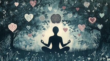 A silhouette of a person meditating in a forest setting, surrounded by hearts and a brain above their head.