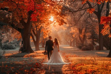 Fototapeta premium Romantic Autumn Wedding Walk Through Colorful Fall Foliage at Sunset in the Park