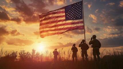 Four soldiers stand in a field, saluting an American flag waving in the sunset.