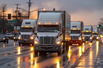 Fototapeta premium Trucks driving on a wet highway at dusk, with reflections of streetlights on the pavement