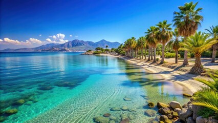 Naklejka premium Beautiful beach in Kos, Greece with crystal clear blue water and palm trees, beach, Kos, Greece, sand, sea, vacation