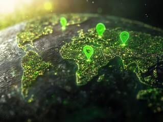 Global Network Connectivity Concept with Glowing Green Map Pins on Digital Earth