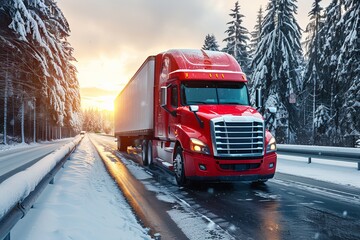 Red truck driving on a snowy highway at sunset in a forested area