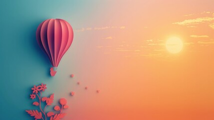 Obraz premium Adventure in the sky red hot air balloon flying with flower background