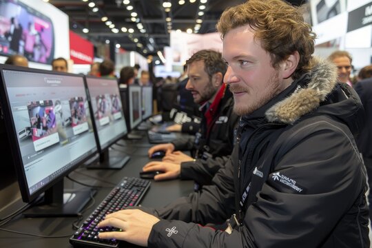People engaging with technology at a trade show, showcasing interactive displays and software in a bustling convention center environment