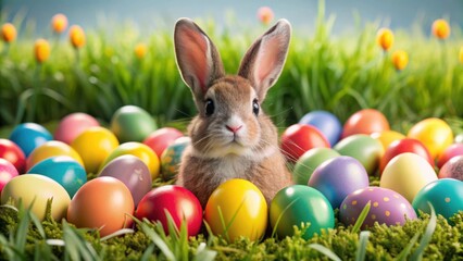 Easter bunny surrounded by colorful Easter eggs, Easter, bunny, eggs, holiday, celebration, spring, pastel, cute, decoration