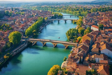 Fototapeta premium A stunning aerial view of a vibrant city with flowing rivers and beautifully crafted bridges. The scenic landscape captures nature and architecture harmoniously. Generative AI