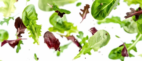 Flying lettuce leaves on white background for healthy and fresh salad concept