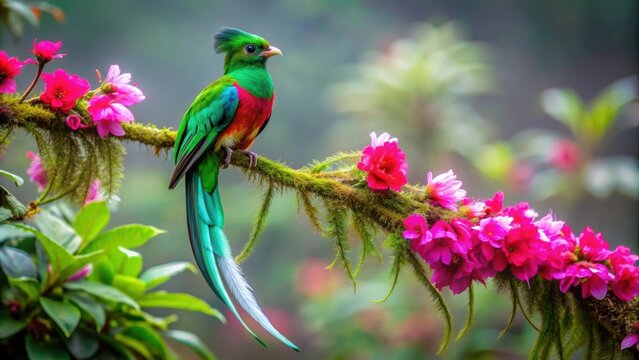 Majestic Quetzal bird perched on a pink flower in the Costa Rican forest, Quetzal, Pharomachrus mocinno, nature, Costa Rica, sacred