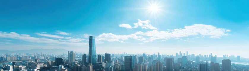 Aerial View of Modern City Skyline with Skyscrapers and Clear Blue Sky on a Sunny Day